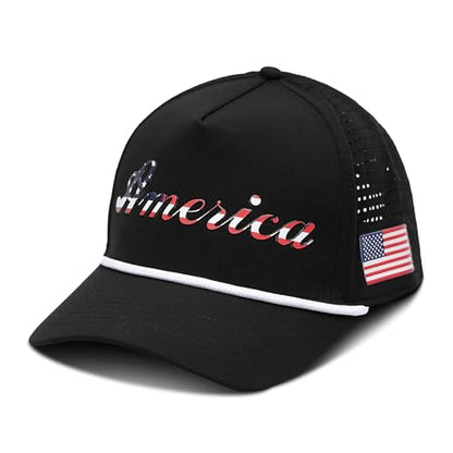 MATSUBA America Script & Flag Hat - Comfortable PVC Curved 5 Panel Rope Hat with Breathable Snapback