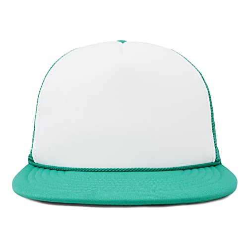 DALIX Flat Billed Trucker Hat Mesh Back S M L Adjustable Cap Solid Two Toned Snapback - color: Teal/White, size: One Size