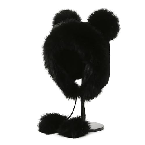 Winter Faux Fur Hat with Ears Flaps Fluffy Bear Beanie Cap Animal Lovers Gift - color: Black