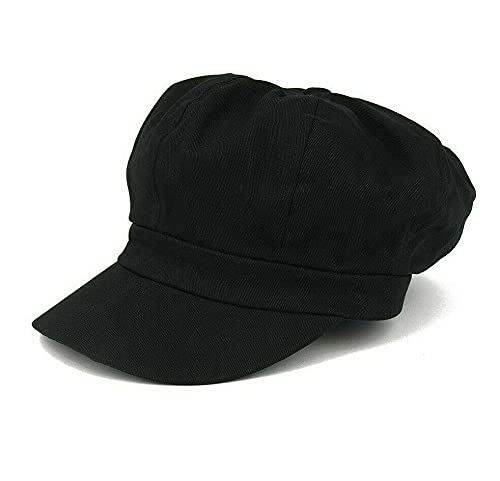 Womens Newsboy Hat - 8 Panels 100% Cotton Vintage Cabbie Hat with Elastic Back - color: Black