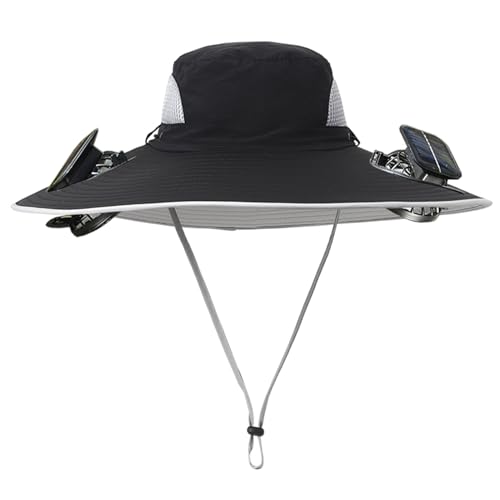 Men Women Wide Brim Sun Hats with 2 Solar Fan Waterproof Breathable Bucket Hat Outdoor Fishing Hat for Hiking Camping - color: Solid Black