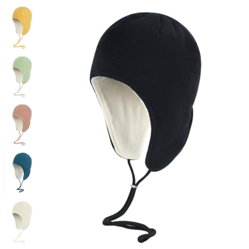 Mens Womens Warm Fleece Beanie Soft Winter Hat with Ear Flaps Windproof Ski Snow Cycling Skull Cap Helmet Liner - color: Black