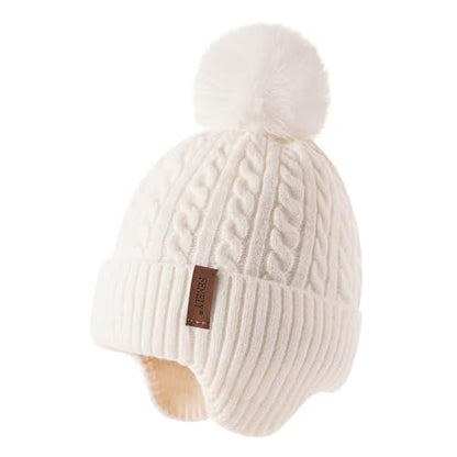 FENELY Girls Boys Winter Hat 3-12, Children's Warm Knitted Earflaps Beanie with Pom Pom Thicken Fleece Lining Cap for Kids - color: White