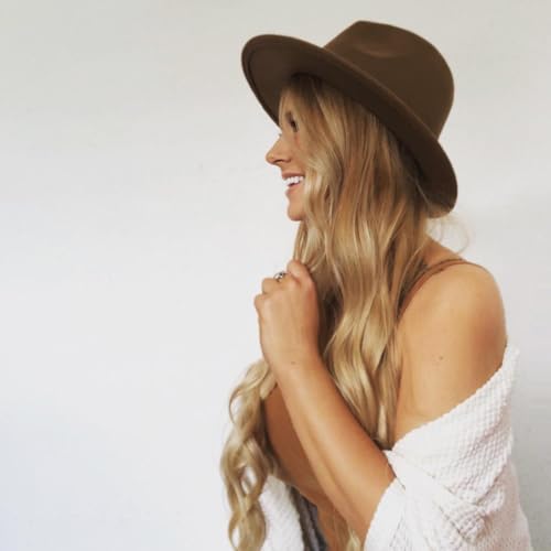 DRESHOW Women Classic Felt Fedora Wide Brim Floppy with Belt Buckle Panama Hat - color: 1 Pack: Felt Fedora Coffee