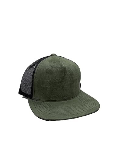 Ashen Fane Faux Suede Polyester Blend 5 Panel Classic Flat or Round Visor Adjustable Snapback Mesh Back Trucker Hat - color: Flat - Olive Green