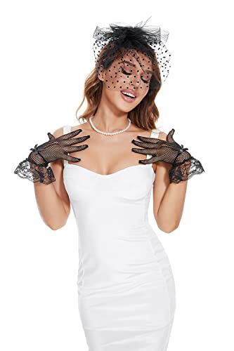 GurZinn Fascinator Hat Veil Feather Fascinator Tea Party Bridal Wedding Veil Pillbox Hat - color: Black Hat&glove&necklace