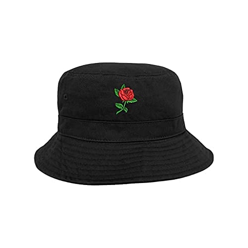 Red Rose Embroidered Bucket Hat, Unisex Hat, Summer Hat, Sun Hat, Outdoors Hat - color: Black