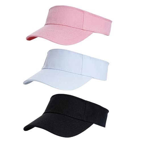 Yookat 3 Pack Visor Sun Hat Adjustable Sun Visor Caps Golf Tennis Visor Hat for Sports Girls Boys Outdoor - color: White, Pink, Black