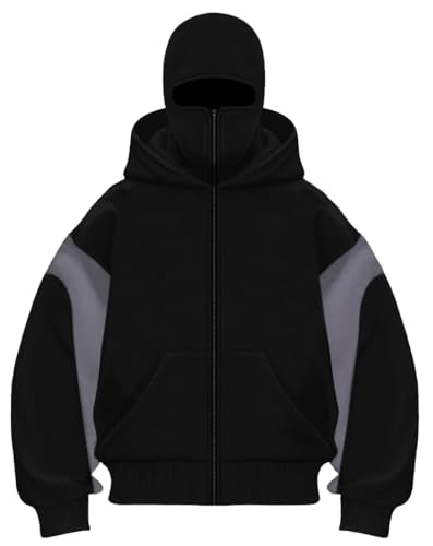 EUDOLAH Balaclava Jacket Zip Up Fashion Double Layer Hoodie Hip Hop Outerwear Jacket Y2K Clothing for Men and Women - color: Black Grey, size: Large