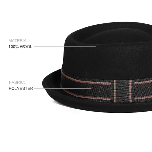 Wide Brim Pork Pie Hat 100% Wool Felt Hats Vintage Porkpie Derby Fedora - color: C Black, size: Medium