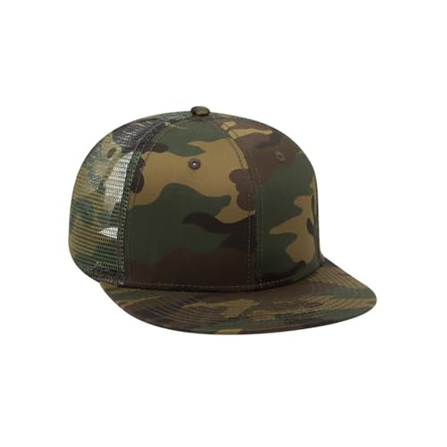Ashen Fane 6 Panel Mid Profile Mesh Back Structured Trucker Adjustable Snapback Hat - color: Camo Dk.grn/Brn
