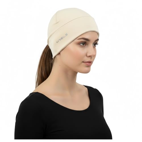 WRELS Thermal Running Skull Cap with Ear Flaps - Winter Hat for Men & Women, Windproof Athletic Beanie Helmet Liner - color: Women-white