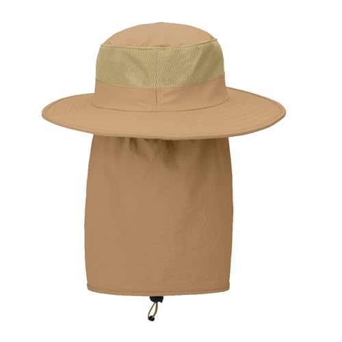 Outdoor Sun Hat UPF 50 Protection Waterproof Fishing hat Face Cover Summer Neck Flap Hat - color: Khaki Pro