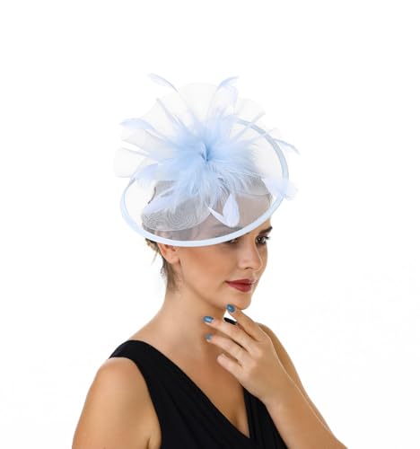 SAFERIN Women's Fascinators Feathers Tea Party Hat Veil Headband with Hair Clip for Cocktail Church - color: A-light Blue