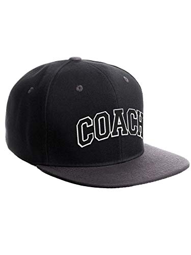 Original Team Coach Snapback Hat Classic Layered Arched Letters Flat Bill Cap - color: Black Charcoal Hat White Black Letters
