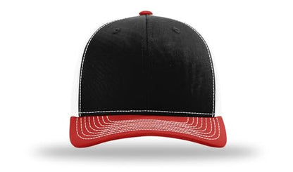 Richardson 112 Trucker Hat - Premium Blank Baseball Cap, Adjustable Snapback Hat - Structured Six Panel Richardson Blank Hats - color: Black/White/ Red