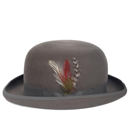 Men's Wool Fedora Hats Women Felt Bowler Derby Hat with Feather - color: Grey, size: Large