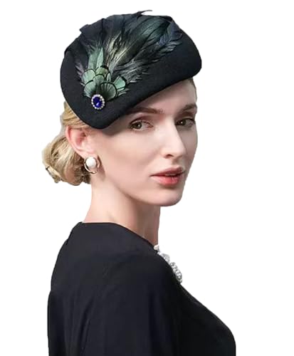 ORIDOOR British Style Pillbox Hat Women Church Wedding Winter Vintage Fascinator Beret 100% Wool Felt Hat with Veil - color: 13e Feather Black