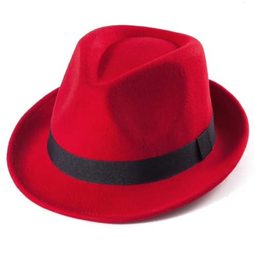 LADYBRO Straw Trilby Fedora Hat for Men Women 1920s Wool Felt Panama 7 1/4 - color: 05 Red, Size: 7 1/4 (58cm), Fits 22" - 22 7/8"