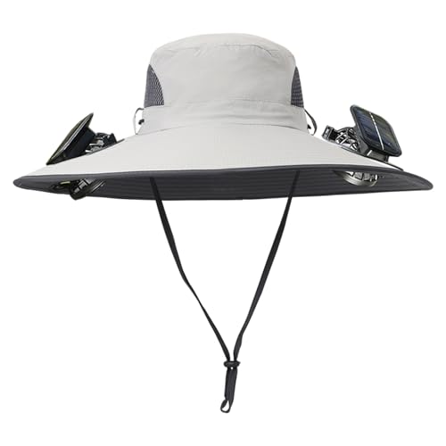 Men Women Wide Brim Sun Hats with 2 Solar Fan Waterproof Breathable Bucket Hat Outdoor Fishing Hat for Hiking Camping - color: Solid Light Grey
