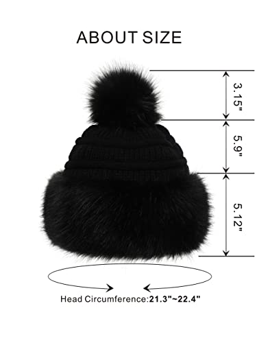 Soul Young Women's Faux Fur Hat Russian Cossack Knit Pompom Hat Ski Snow Cap for Winter Outdoor - color: Black