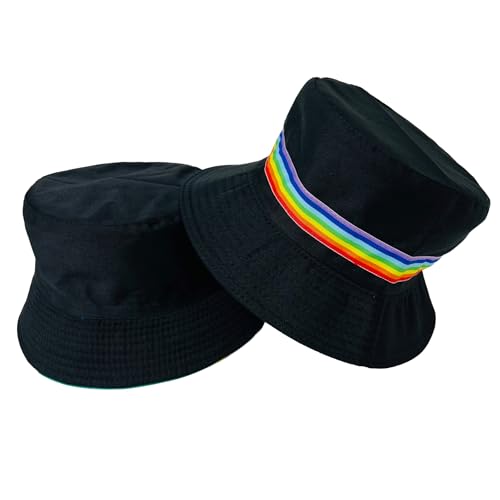 Pride Unisex Bucket Hat Reversible Double-Side-Wear Packable for Travel, Outdoors, and Beach - color: Black With Rainbow Band