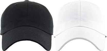 KBETHOS Classic Unisex Cotton Adjustable Low Crown Baseball Cap – Plain Dad Hat - color: Black + White (2 Pack)