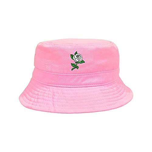 White Rose Embroidered Bucket Hat, Unisex Hat, Summer Hat, Sun Hat - color: Pink