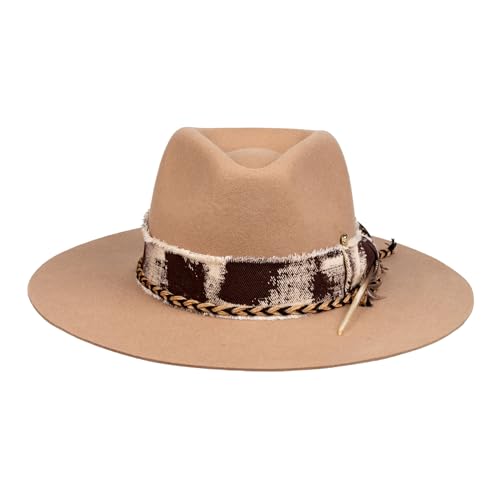 RUEDIGER Vintage Wide Brim Fedora Hats 100% Wool Stiff Felt Hat Rancher Hat with Lightning Logo Handmade Distressed/Burned - color: Light Brown, size: 7 5/8