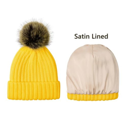 Satin Lined Beanie for Women with Detachable Pom Pom, Winter Cuffed Hat - color: Yellow