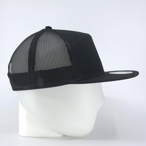 Plain Cotton Twill Flat Brim Mesh Adjustable Snapback Trucker Baseball Cap - color: 7 Panel Black