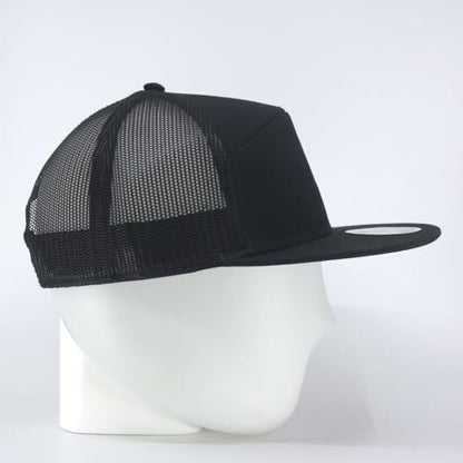 Plain Cotton Twill Flat Brim Mesh Adjustable Snapback Trucker Baseball Cap - color: 7 Panel Black
