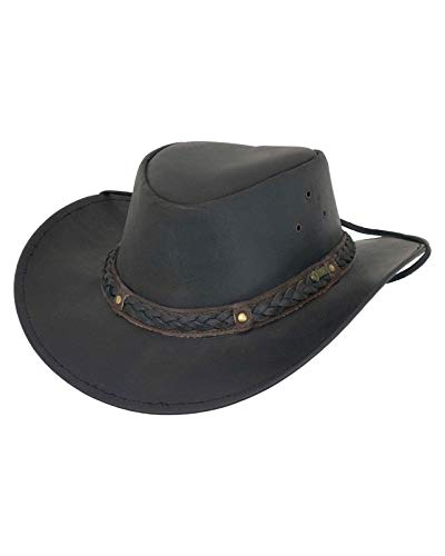 Outback Trading Men's 1367 Wagga UPF 50 Breathable Leather Western Hat with Adjustable Chin Cord with Braided Hatband - color: Black, size: X-Large