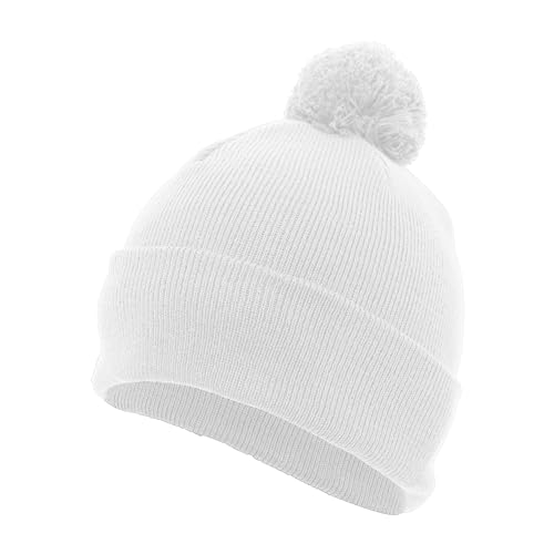 Pacific Headwear Unisex Adult Pacific Headwear Knit Fold Over Pom-pom Beanie - color: White, size: One Size