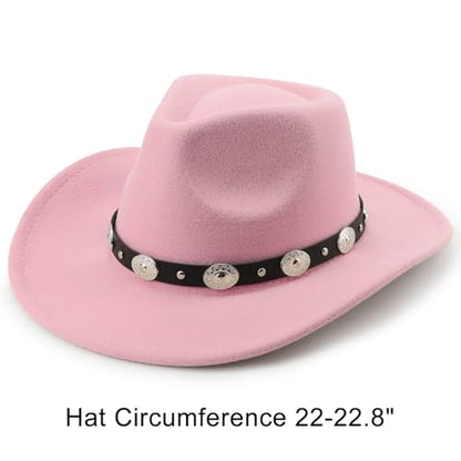DRESHOW Women Men Classic Felt Wide Brim Western Cowboy & Cowgirl Cap Belt Buckle Retro Panama Hat Unisex Rolled up Caps - color: 1 Pack Style 1: Pink (Hat Circumference: 22-22.8")