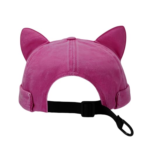 Cute Cat Ear Beanie Hats for Women Men Washed Cotton Brimless Docker Cap Retro Rolled Cuff Skull Cap - color: Hot Pink