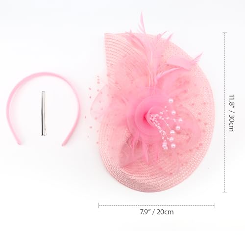 DRESHOW Fascinators Hat Flower Mesh Feathers Hat with a Headband and a Clip 7.9" Tea Party Headwear for Women - color: Folded Style 2: Pastel Pink / 7.9"