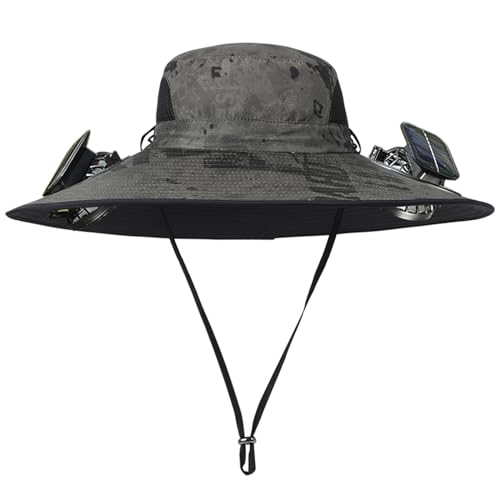 Men Women Wide Brim Sun Hats with 2 Solar Fan Waterproof Breathable Bucket Hat Outdoor Fishing Hat for Hiking Camping - color: Ink Green