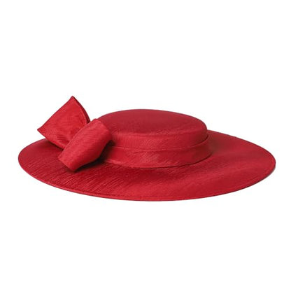 Fascinators Women Wide Brim 20s 50s Derby Pillbox Hat Bowknot Cocktail Tea Party Church Dress Hats - color: Wine Red