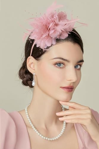 BABEYOND Flower Feather Beads Fascinator Headband for Women Derby Headpiece - color: Nude Pink