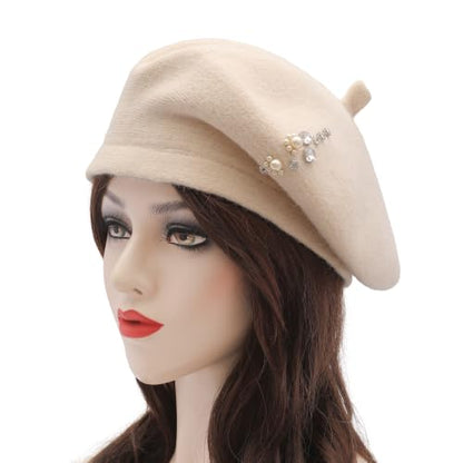ZLYC Women French Beret Hat Winter Knitted Stretchable Beret Artist Cap - color: Rhinestone Beige