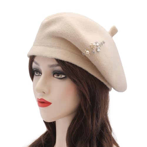 ZLYC Women French Beret Hat Winter Knitted Stretchable Beret Artist Cap - color: Rhinestone Beige