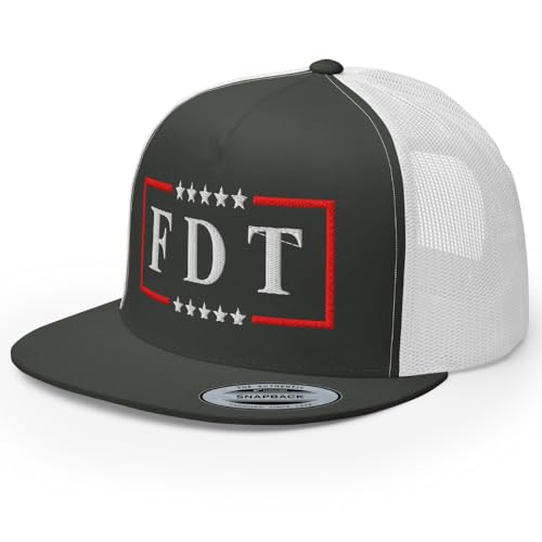 NX FDT Embroidered Flat Bill Trucker Hat High Crown Adjustable FDT Hat - color: Charcoal/ White