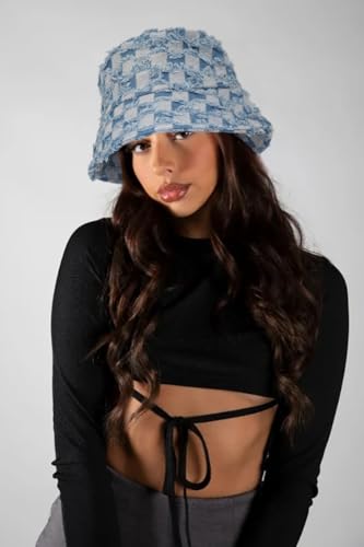 Women's Washed Cotton Bucket Hat Cowboy Checkerboard Fishermen Hat - color: Light Blue