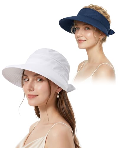 CHUNG 2 Pack Women Sun Visor Hat Wide Brim Summer UV Protection Zip-Off - color: White/Navy