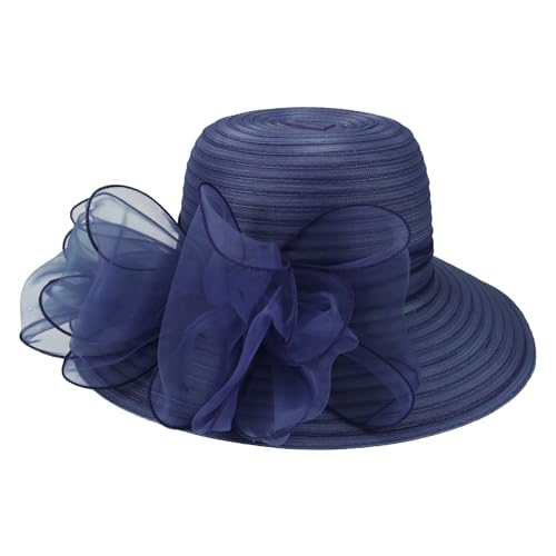 DRESHOW Lady Derby Dress Church Bowler Cloche Hat Bowknot Organza Bridal Cap for Wedding - color: 1 Pack: Navy