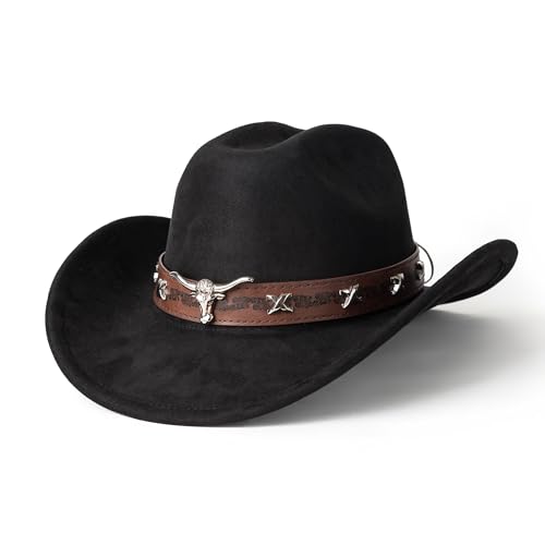 Western Cowboy Hat for Men Wide Brim Suede Cattleman Cowgril Hats - color: Coffee Belt/Black