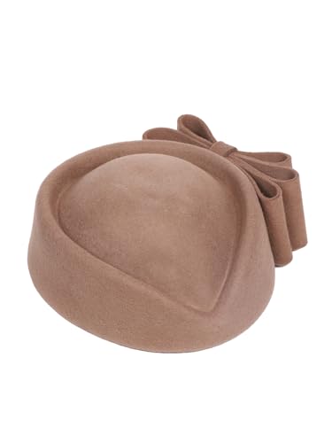HIMESPORT Wool Felt Bowler Fascinators Hats for Women Ladies Female Elegant Wedding Tea Party Beret Hat with Bowknot - color: Khaki