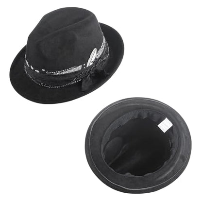 Fedora Trilby Hats for Men Women Handmade 1920s Classic Short Brim Hat with Feathers Unisex - color: Coal Black