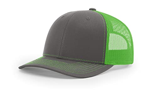 Richardson 112 Trucker Hat - Premium Blank Baseball Cap, Adjustable Snapback Hat - Structured Six Panel Richardson Blank Hats - color: Charcoal/Neon Green